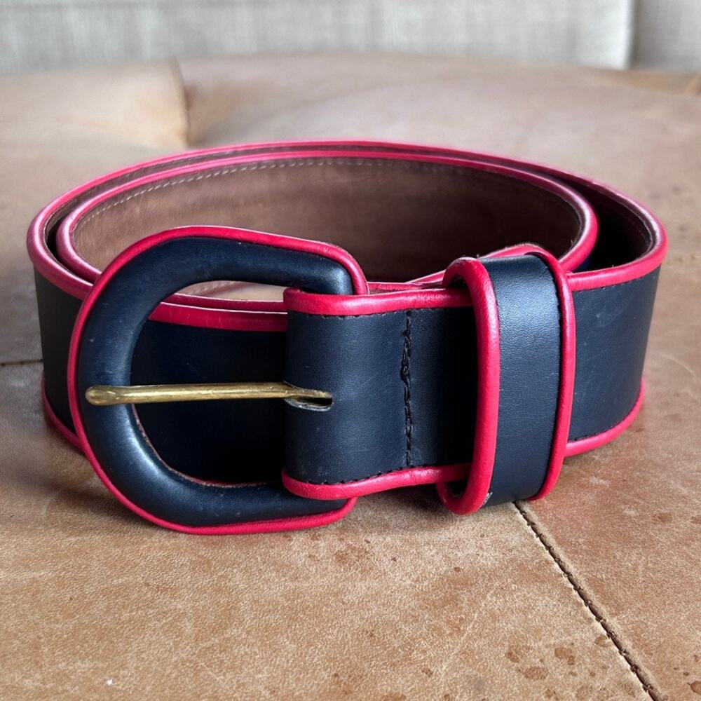 Vintage 90s Leather Belt Womens L Black Red USA Wide Statement Chunky 30"